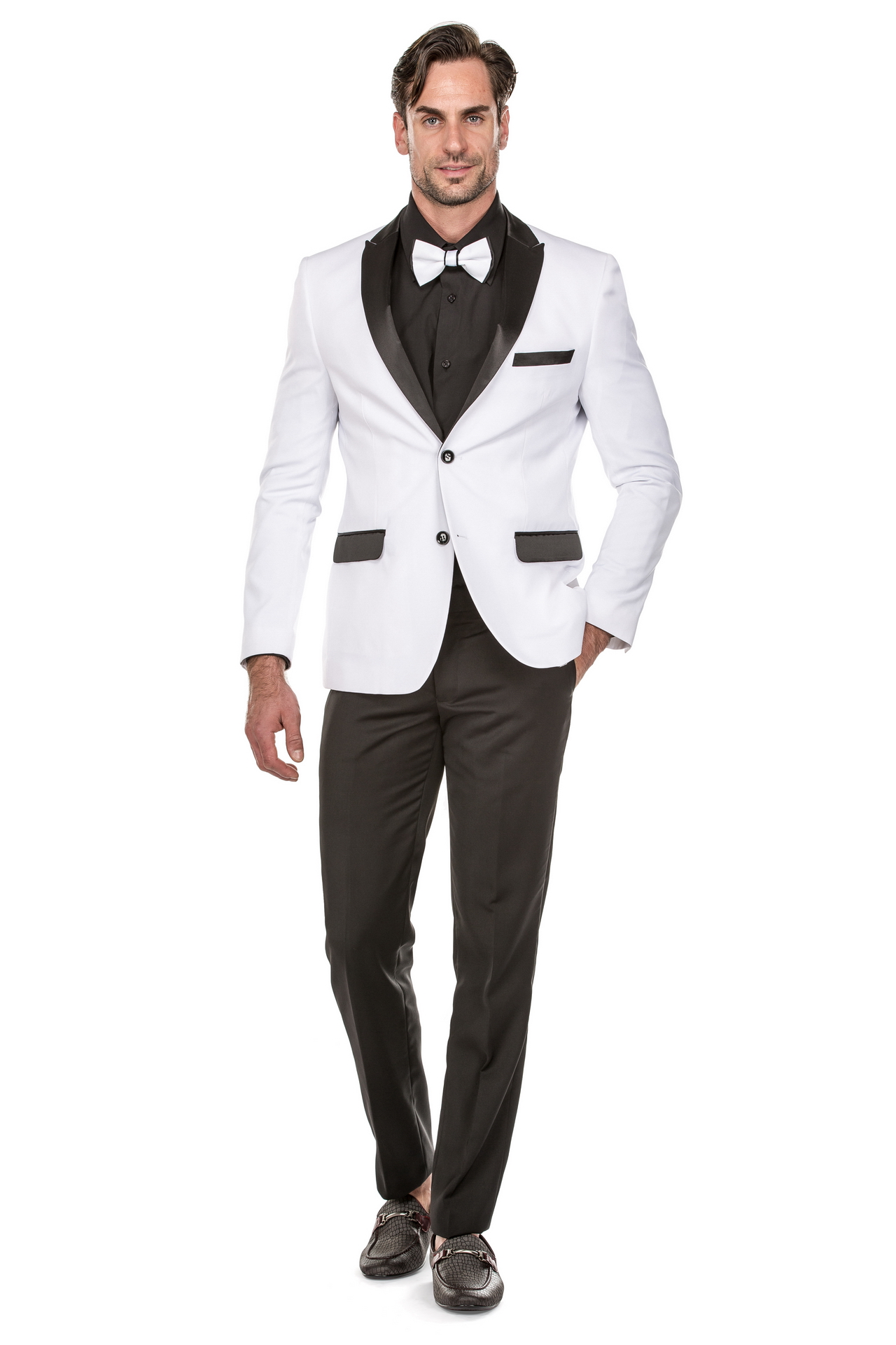 Mens White 3 Piece Vested Shawl Lapel Tuxedo Prom Tuxedos  Flex Suits