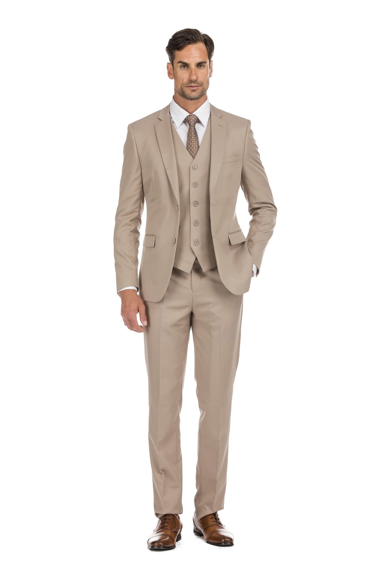 Classic fit Beige  3 piece Mens suit Notch Lapel Side Vents Flat Front pants 